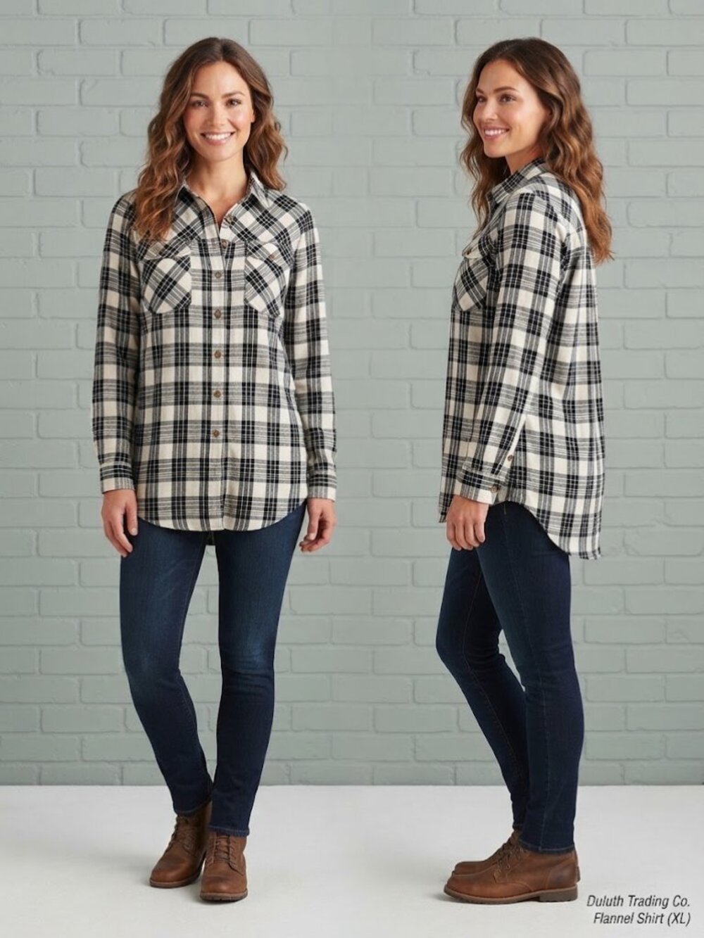 Duluth Trading Plaid Flannel Black & White Women's Long Sleeves Polo Shirt Sz XL